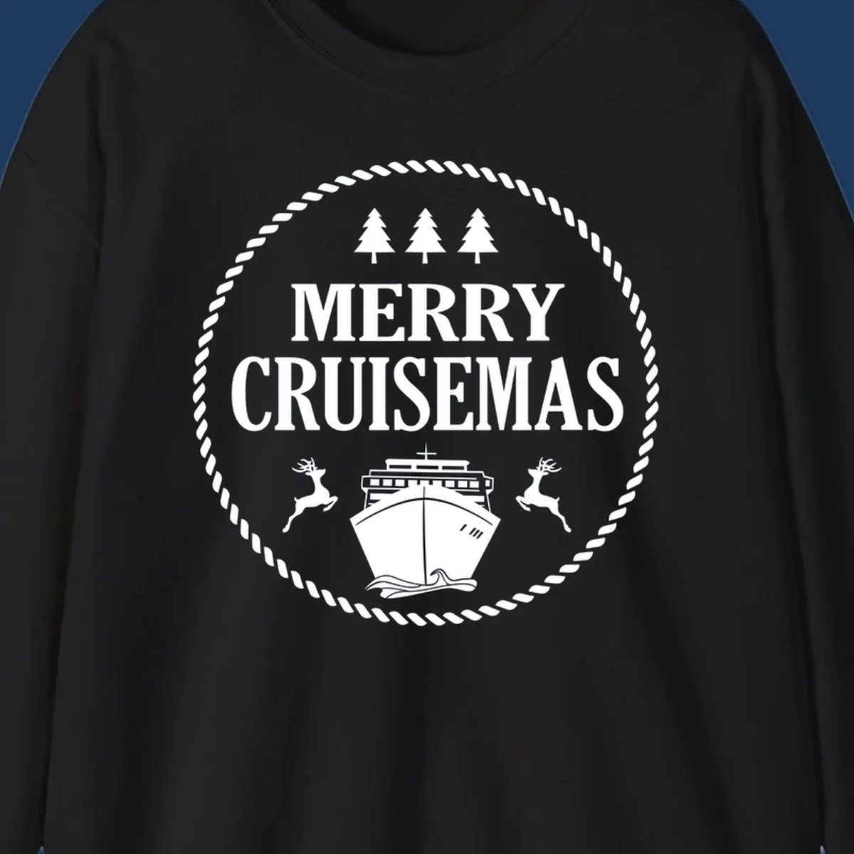 Merry Cruisemas design with cruise ship, reindeer, pine trees, and rope border in white on gray background