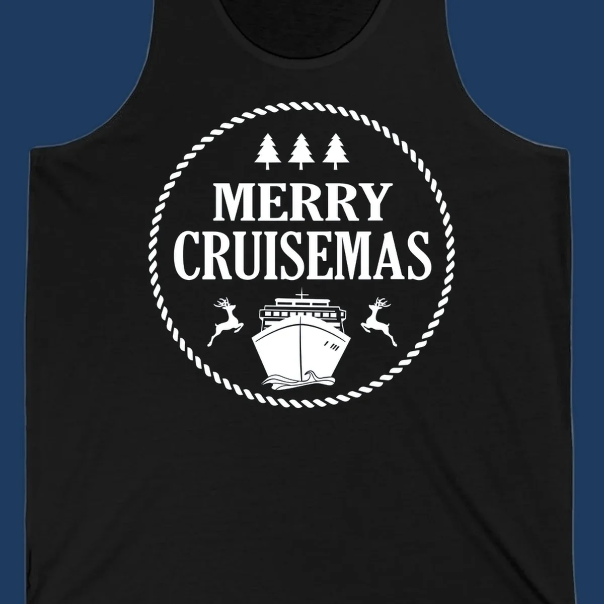 Merry Cruisemas design with cruise ship, reindeer, pine trees, and rope border in white on gray background