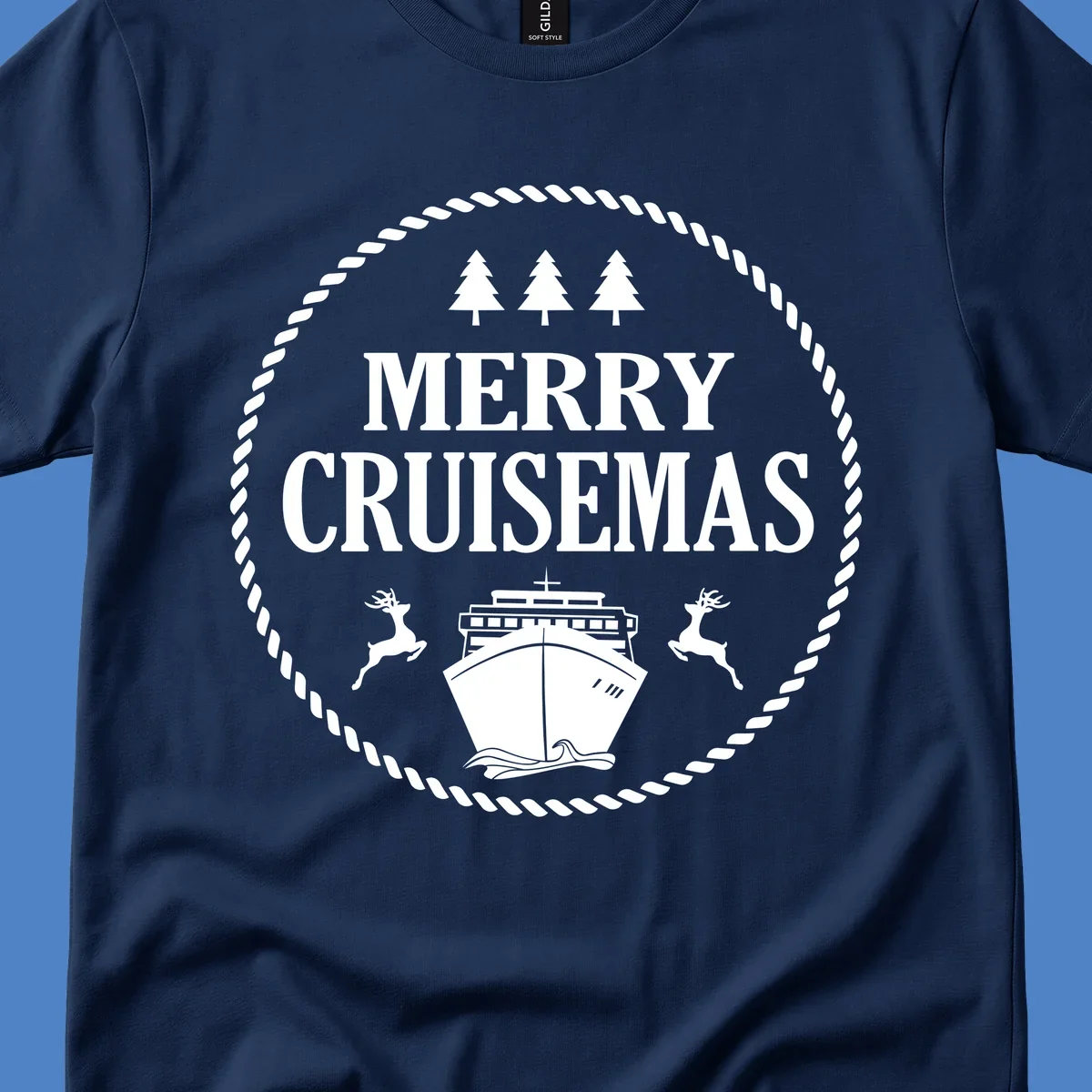 Merry Cruisemas design with cruise ship, reindeer, pine trees, and rope border in white on gray background