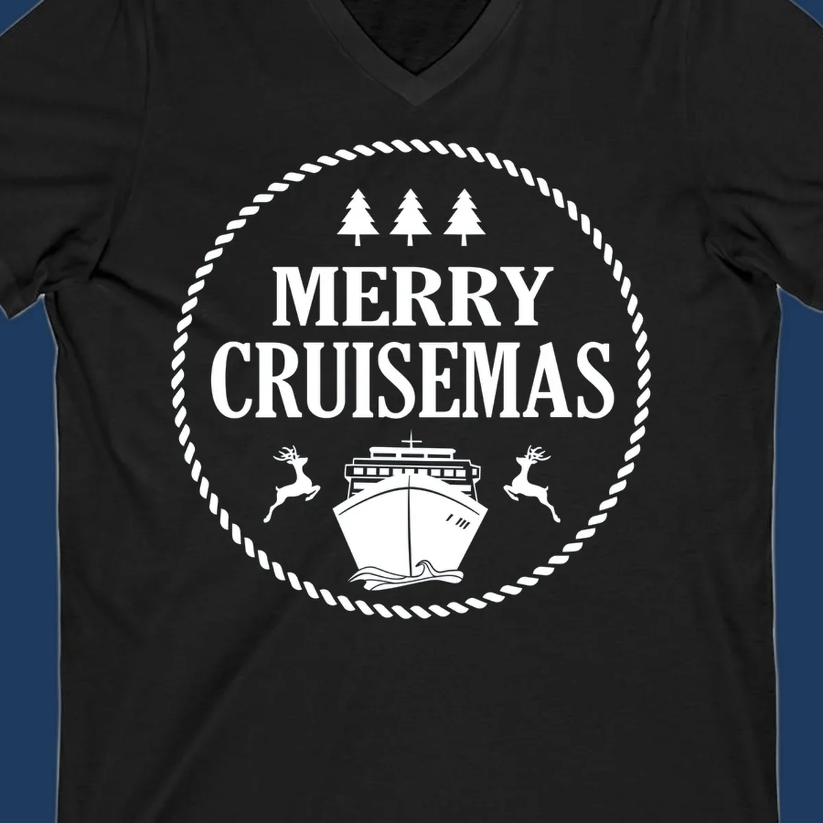 Merry Cruisemas design with cruise ship, reindeer, pine trees, and rope border in white on gray background