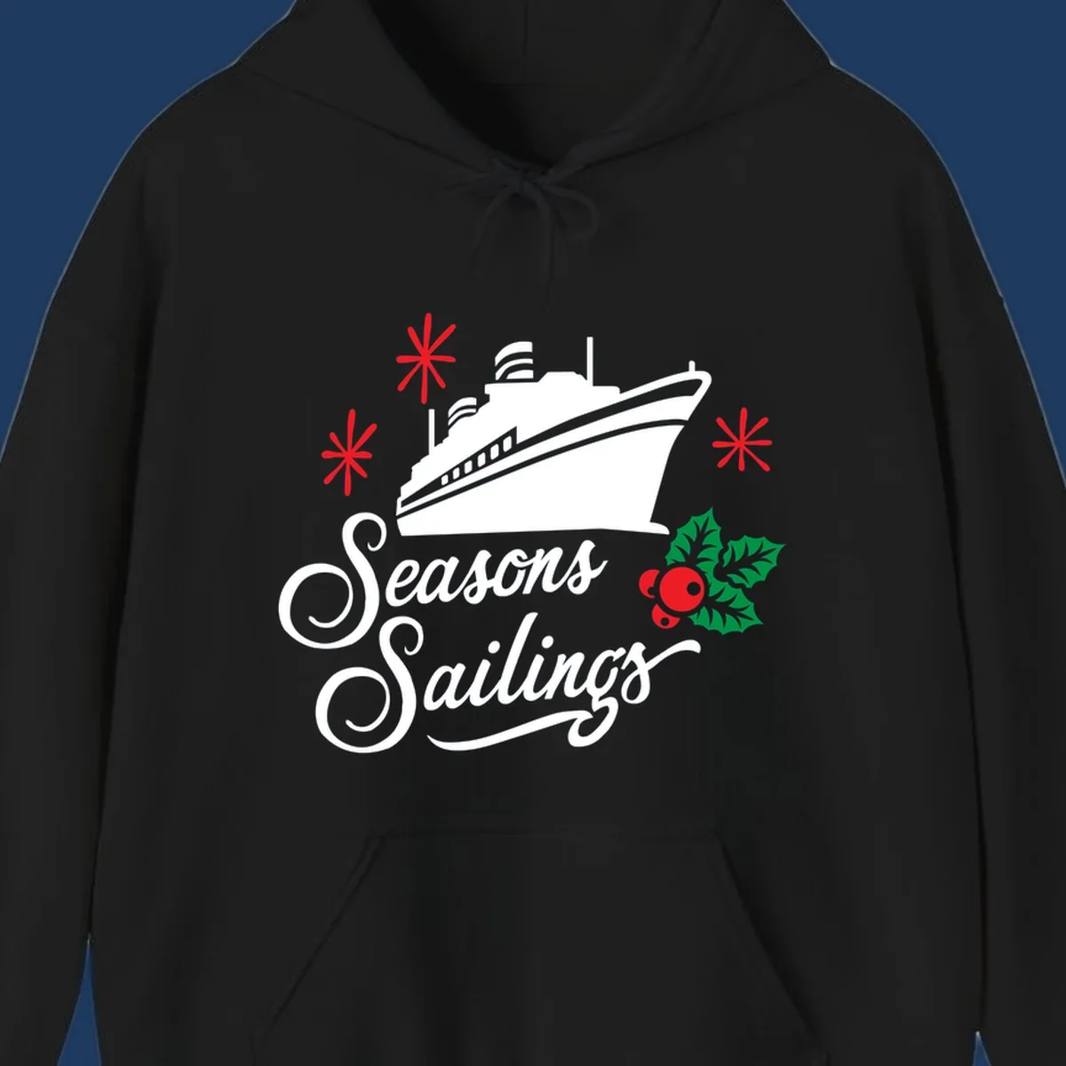 Seasons Sailings design with white cruise ship, red snowflakes, and green holly berries on gray background