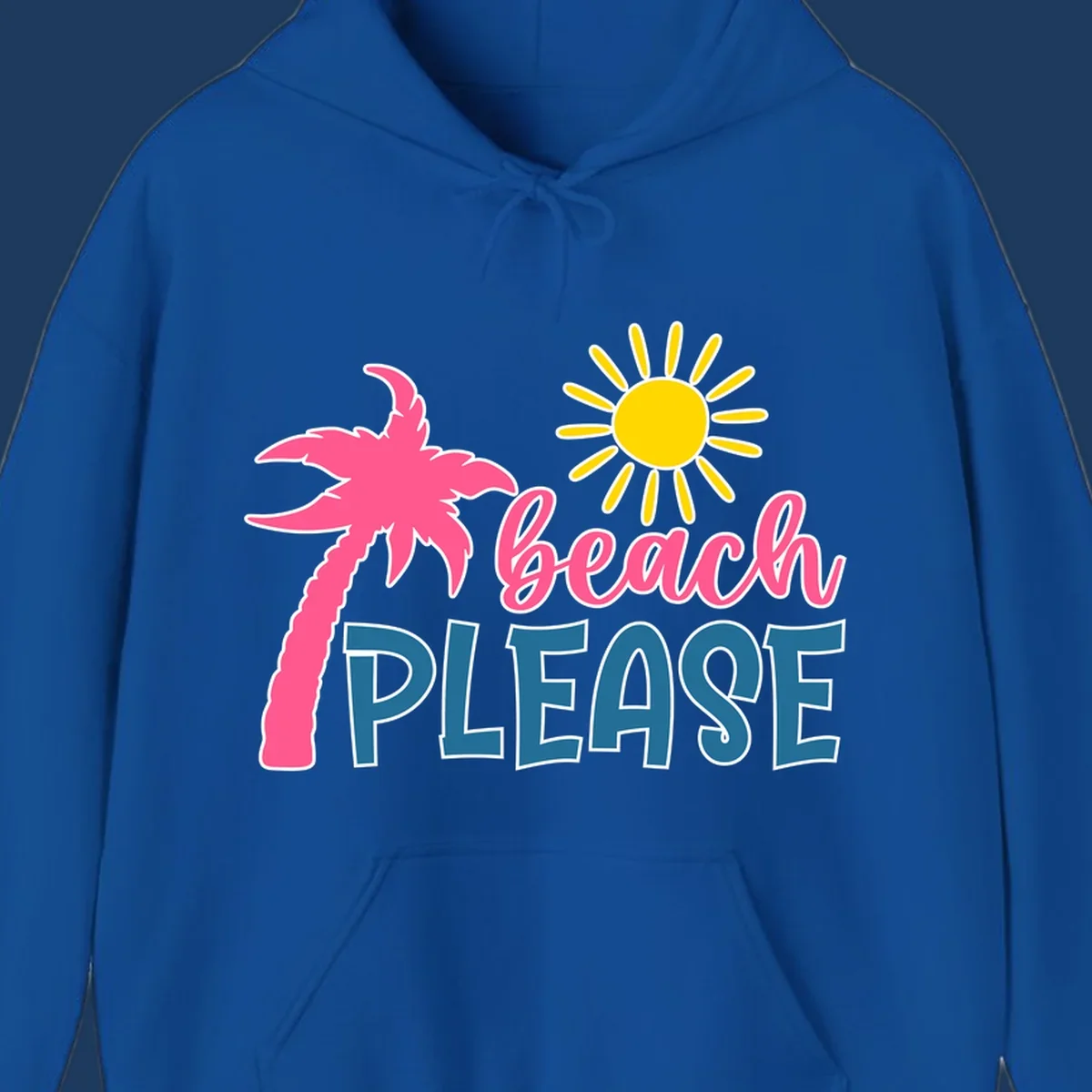 Beach please tropical design with hot pink palm tree, yellow sun, and playful text on gray background