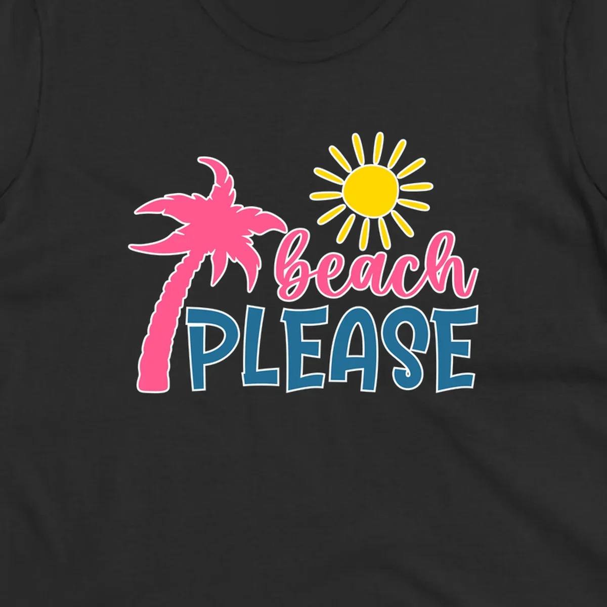 Beach please tropical design with hot pink palm tree, yellow sun, and playful text on gray background
