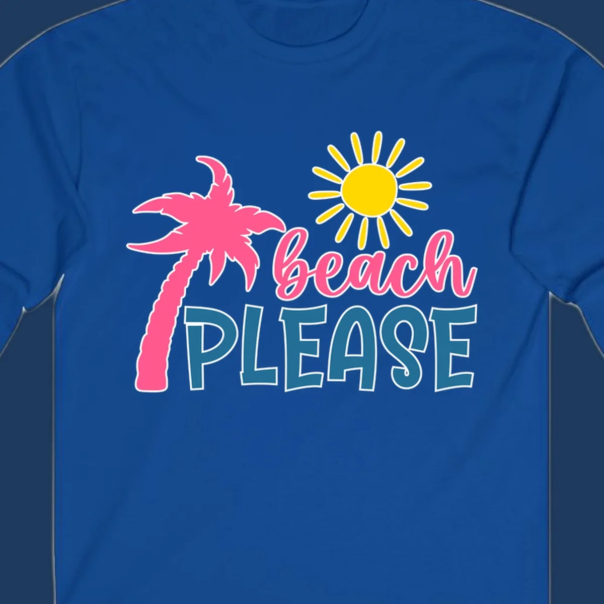 Beach please tropical design with hot pink palm tree, yellow sun, and playful text on gray background