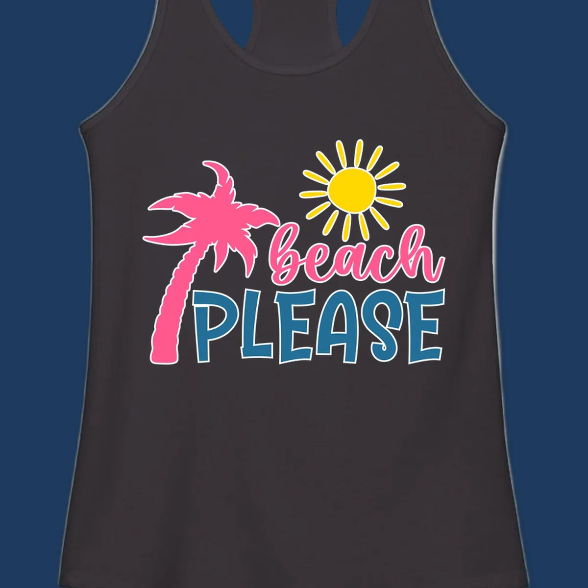 Beach please tropical design with hot pink palm tree, yellow sun, and playful text on gray background