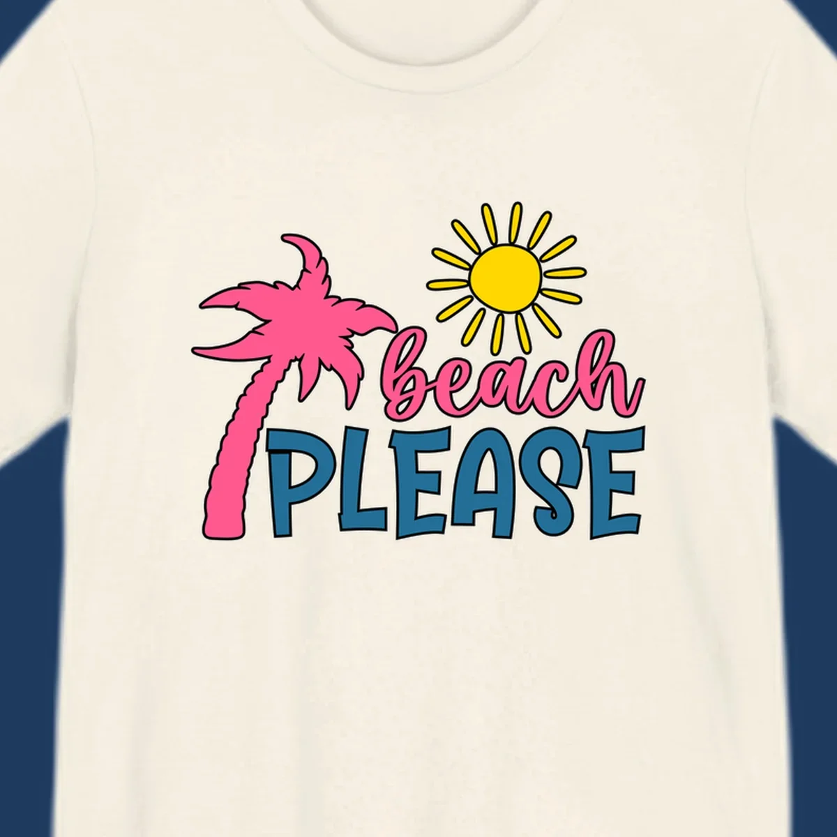 Beach please tropical design with hot pink palm tree, yellow sun, and playful text on gray background