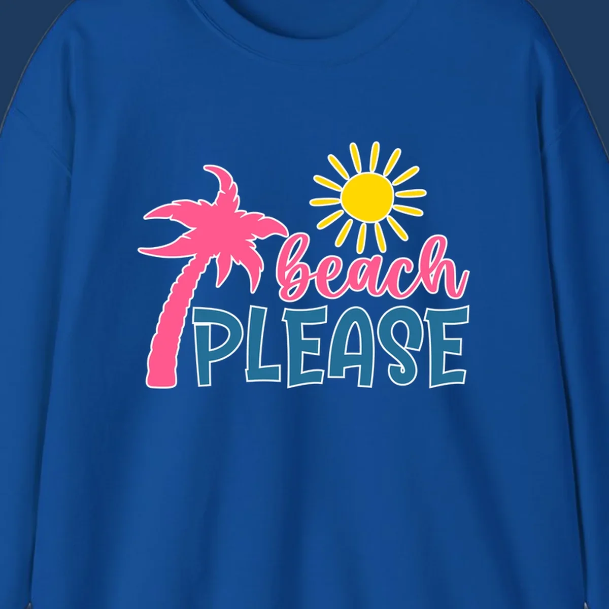 Beach please tropical design with hot pink palm tree, yellow sun, and playful text on gray background
