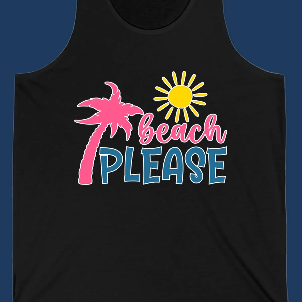 Beach please tropical design with hot pink palm tree, yellow sun, and playful text on gray background
