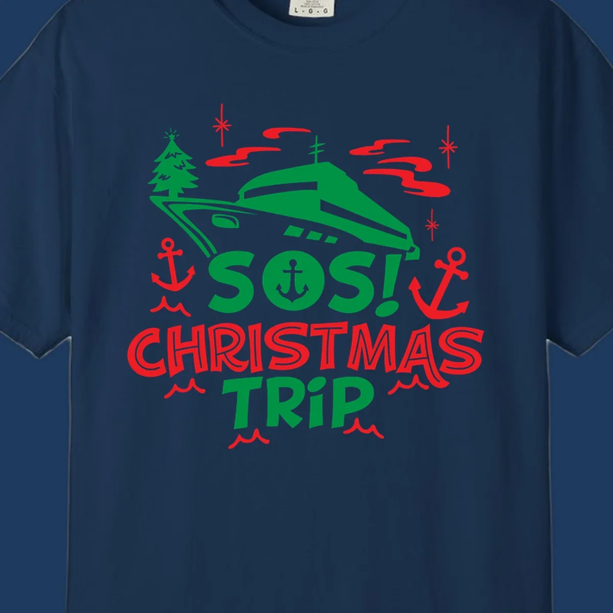 SOS Christmas cruise trip design with green ship, red anchors, Christmas trees, and festive nautical elements on gray background