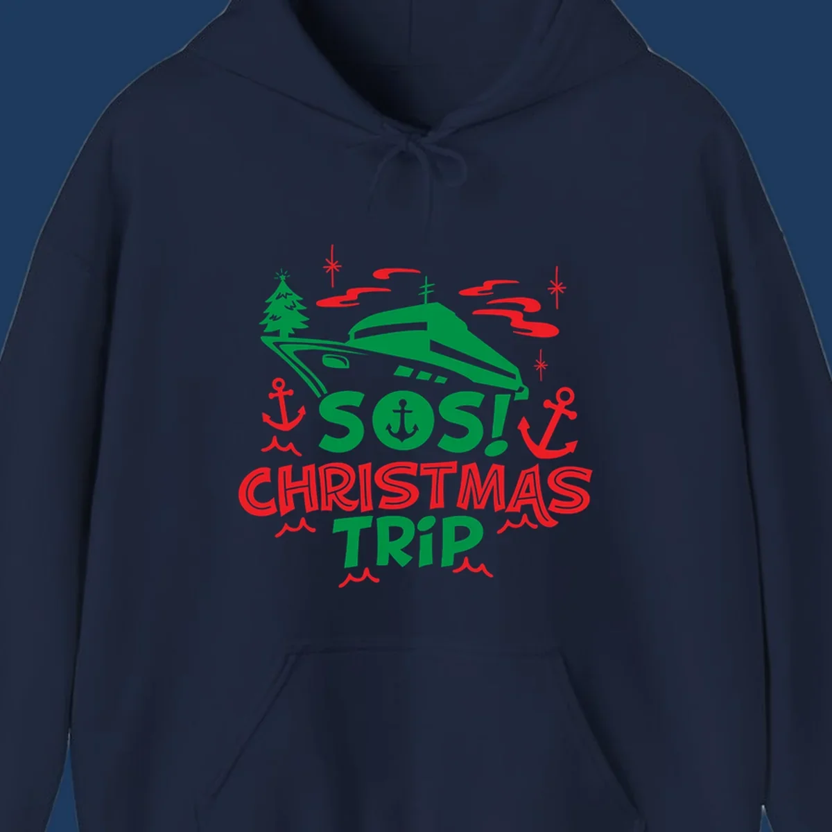 SOS Christmas cruise trip design with green ship, red anchors, Christmas trees, and festive nautical elements on gray background