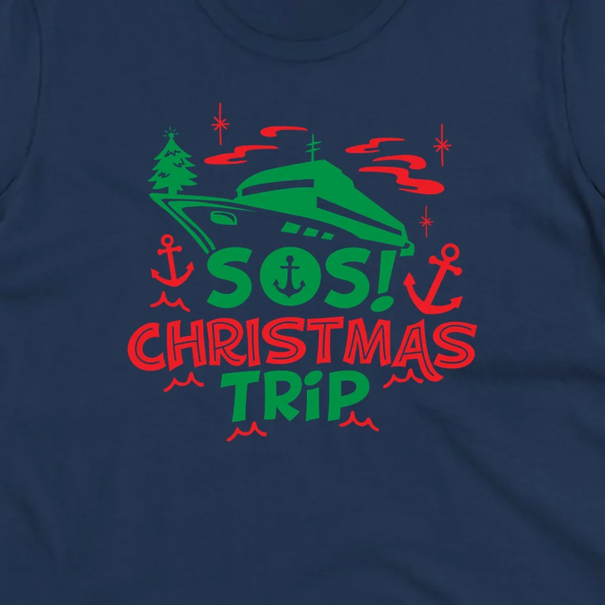 SOS Christmas cruise trip design with green ship, red anchors, Christmas trees, and festive nautical elements on gray background