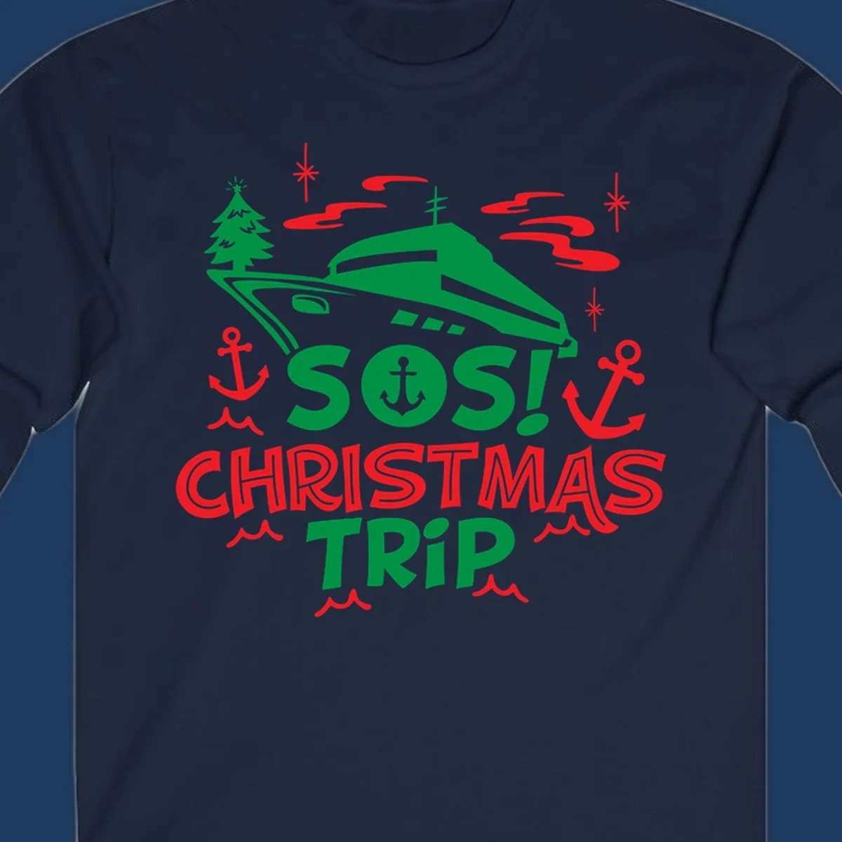 SOS Christmas cruise trip design with green ship, red anchors, Christmas trees, and festive nautical elements on gray background
