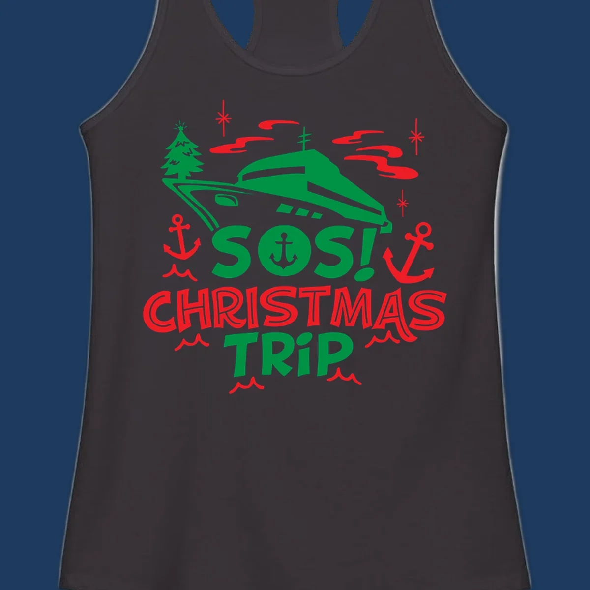 SOS Christmas cruise trip design with green ship, red anchors, Christmas trees, and festive nautical elements on gray background