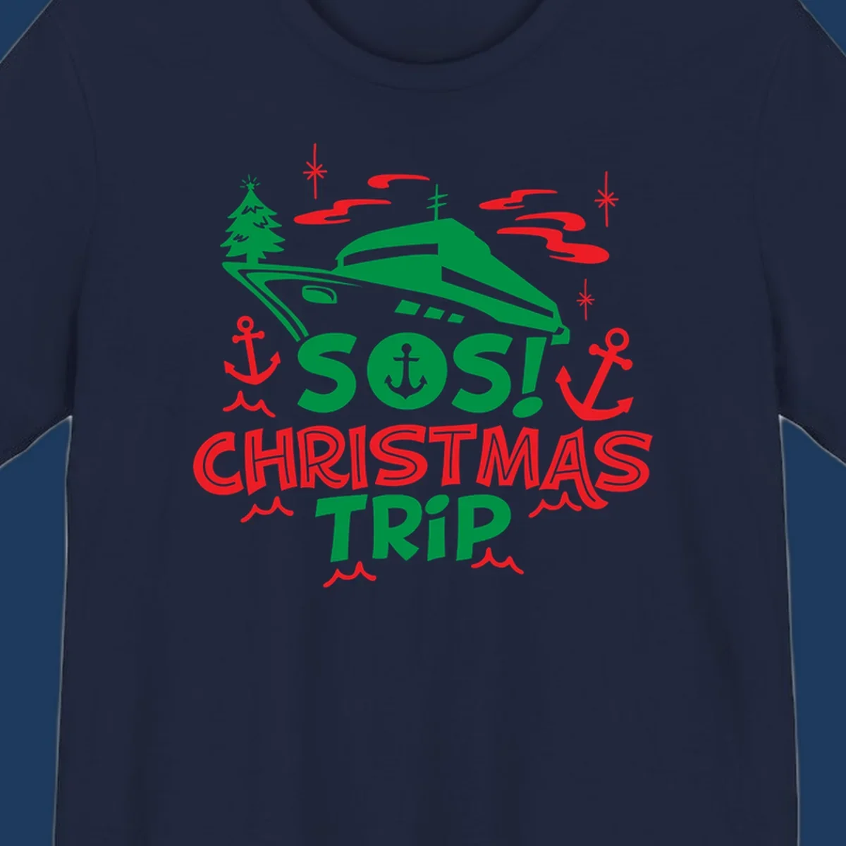 SOS Christmas cruise trip design with green ship, red anchors, Christmas trees, and festive nautical elements on gray background
