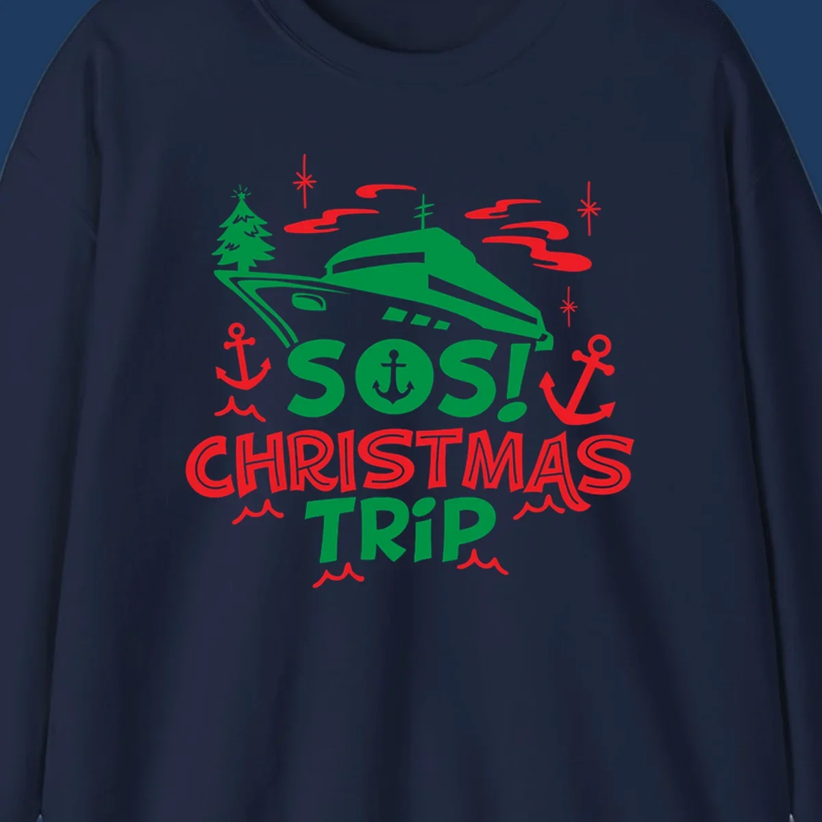 SOS Christmas cruise trip design with green ship, red anchors, Christmas trees, and festive nautical elements on gray background