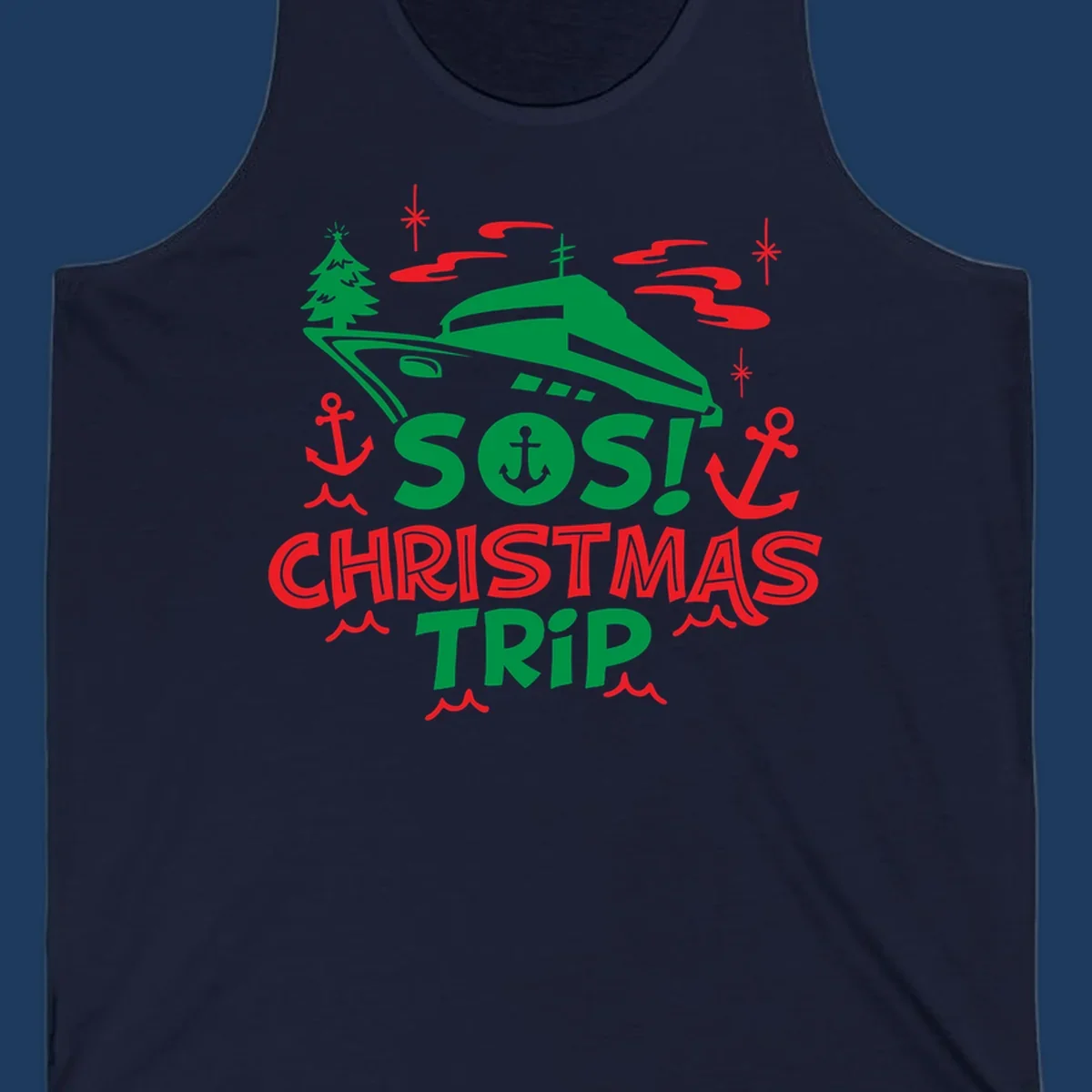 SOS Christmas cruise trip design with green ship, red anchors, Christmas trees, and festive nautical elements on gray background