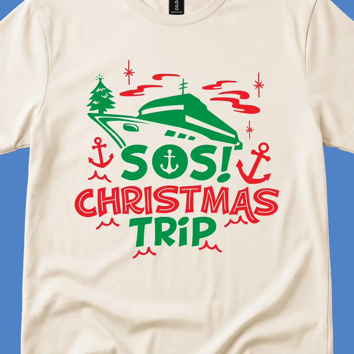 SOS Christmas cruise trip design with green ship, red anchors, Christmas trees, and festive nautical elements on gray background