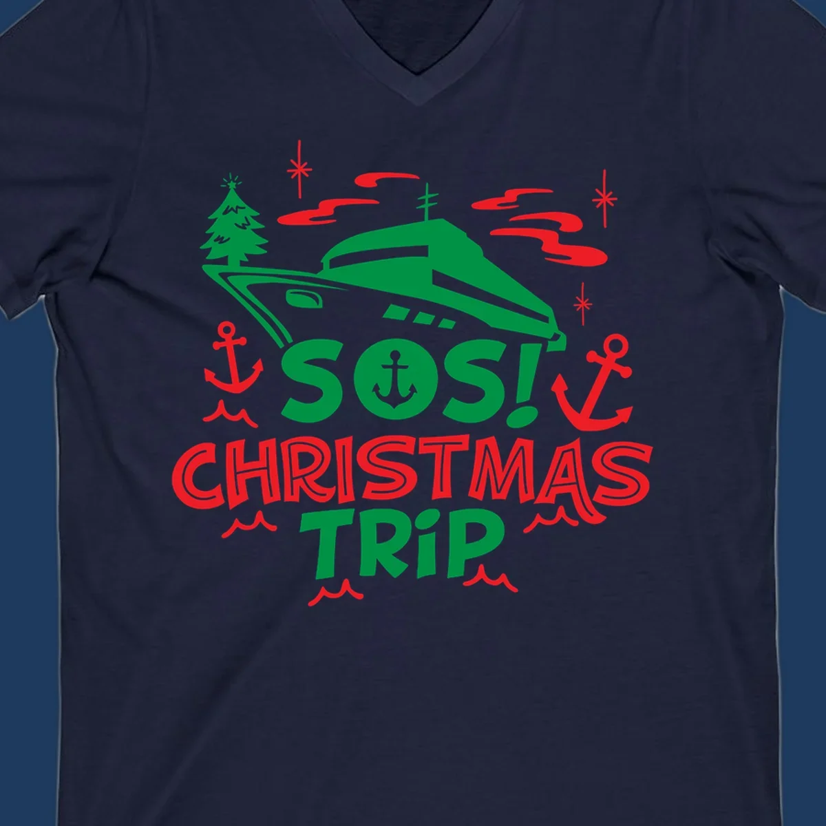 SOS Christmas cruise trip design with green ship, red anchors, Christmas trees, and festive nautical elements on gray background