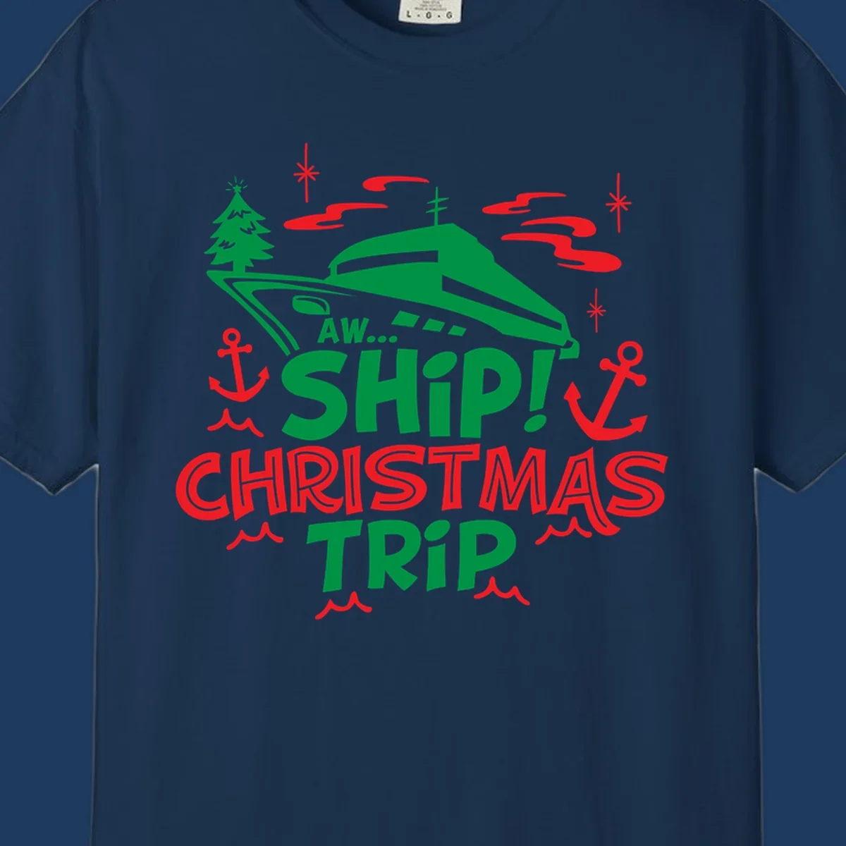 Green cruise ship with Christmas tree surrounded by red anchors and snowflakes, text reads 'AW... SHIP! CHRISTMAS TRIP' for aww-ship-christmas-cruise design