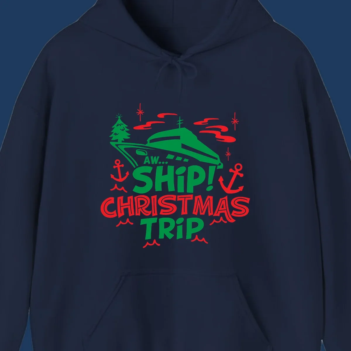 Green cruise ship with Christmas tree surrounded by red anchors and snowflakes, text reads 'AW... SHIP! CHRISTMAS TRIP' for aww-ship-christmas-cruise design