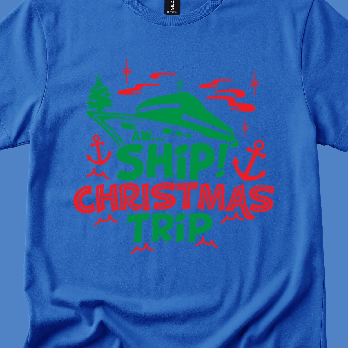 Green cruise ship with Christmas tree surrounded by red anchors and snowflakes, text reads 'AW... SHIP! CHRISTMAS TRIP' for aww-ship-christmas-cruise design