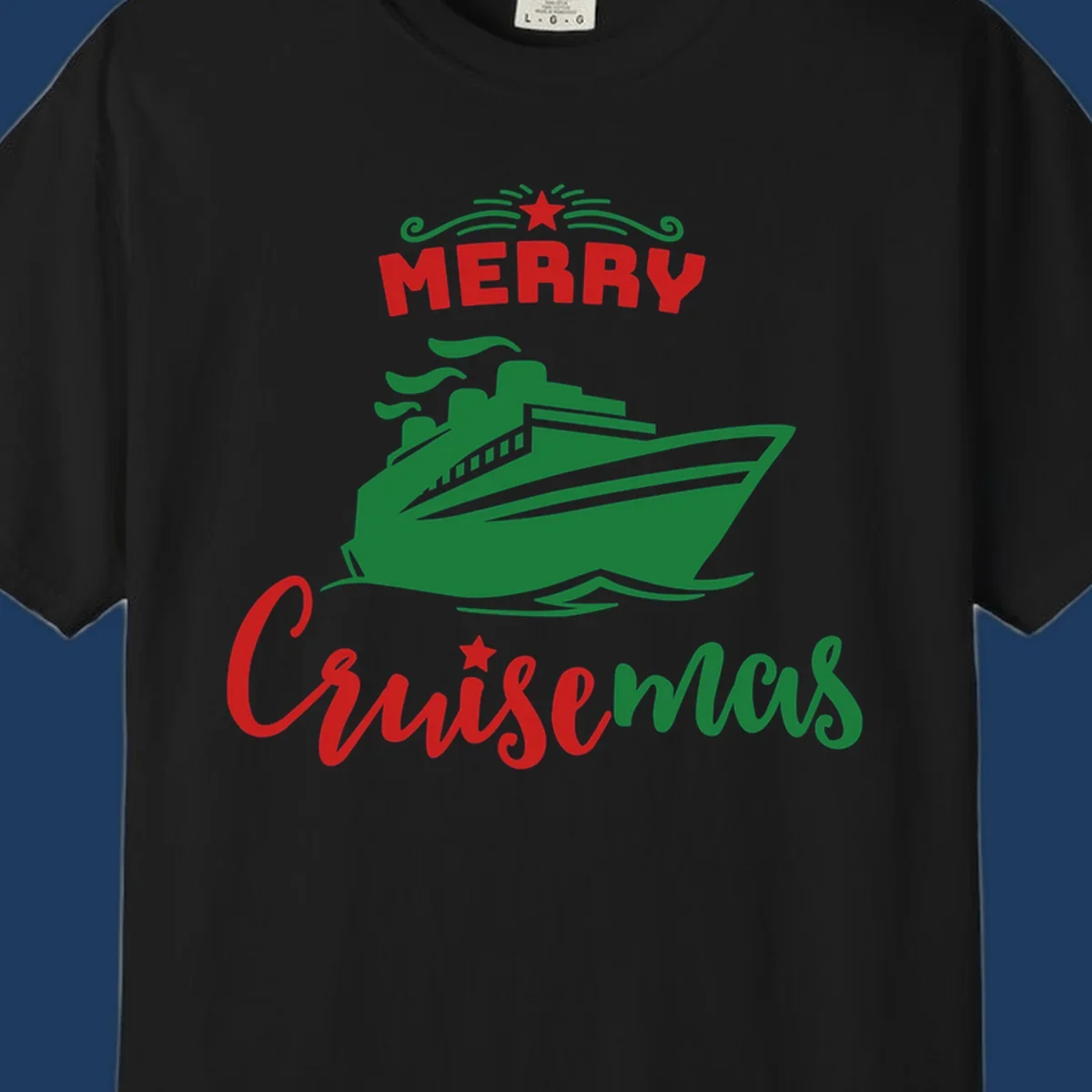 Green cruise ship with red 'MERRY' text and star above, green 'Cruise-mas' script text below on gray background