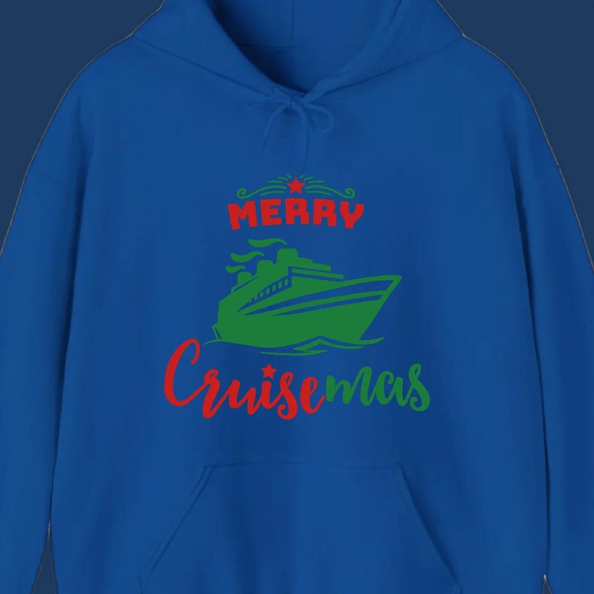 Green cruise ship with red 'MERRY' text and star above, green 'Cruise-mas' script text below on gray background
