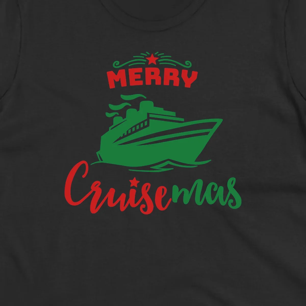 Green cruise ship with red 'MERRY' text and star above, green 'Cruise-mas' script text below on gray background