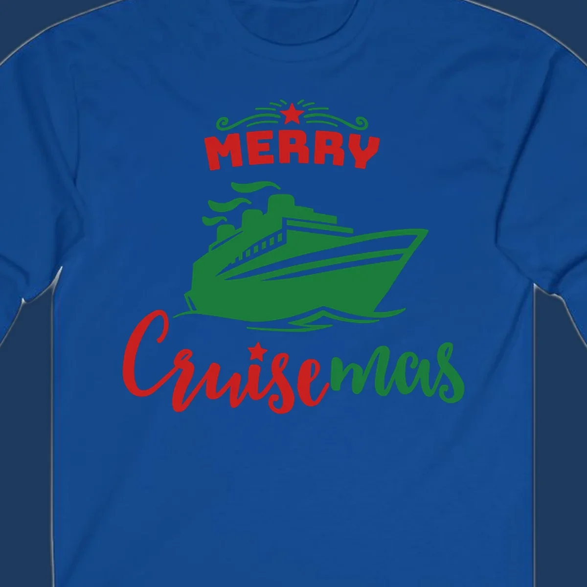 Green cruise ship with red 'MERRY' text and star above, green 'Cruise-mas' script text below on gray background