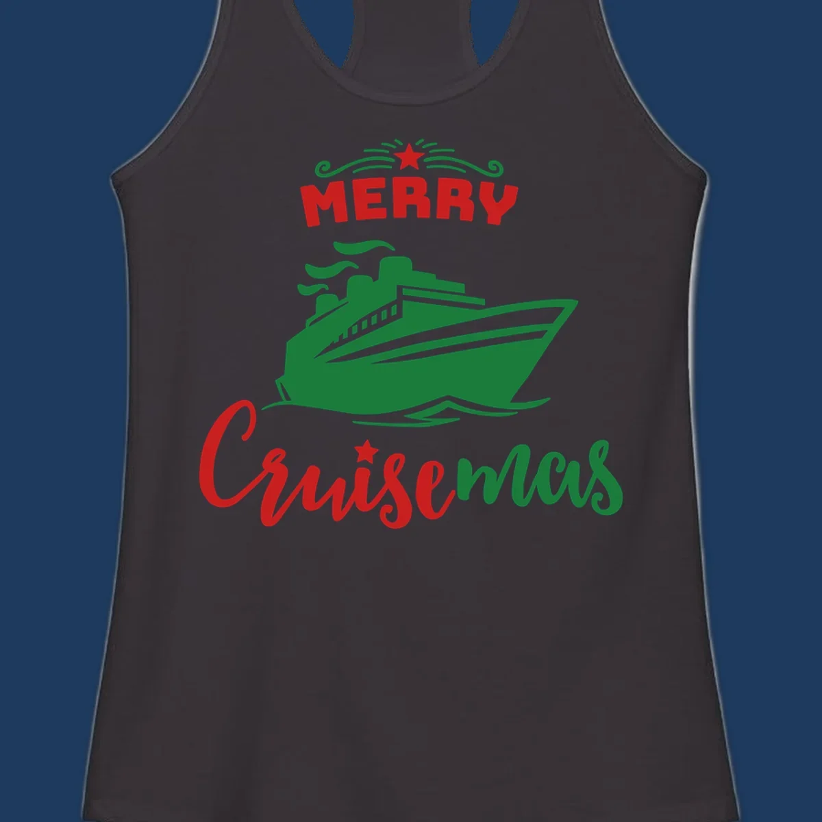 Green cruise ship with red 'MERRY' text and star above, green 'Cruise-mas' script text below on gray background