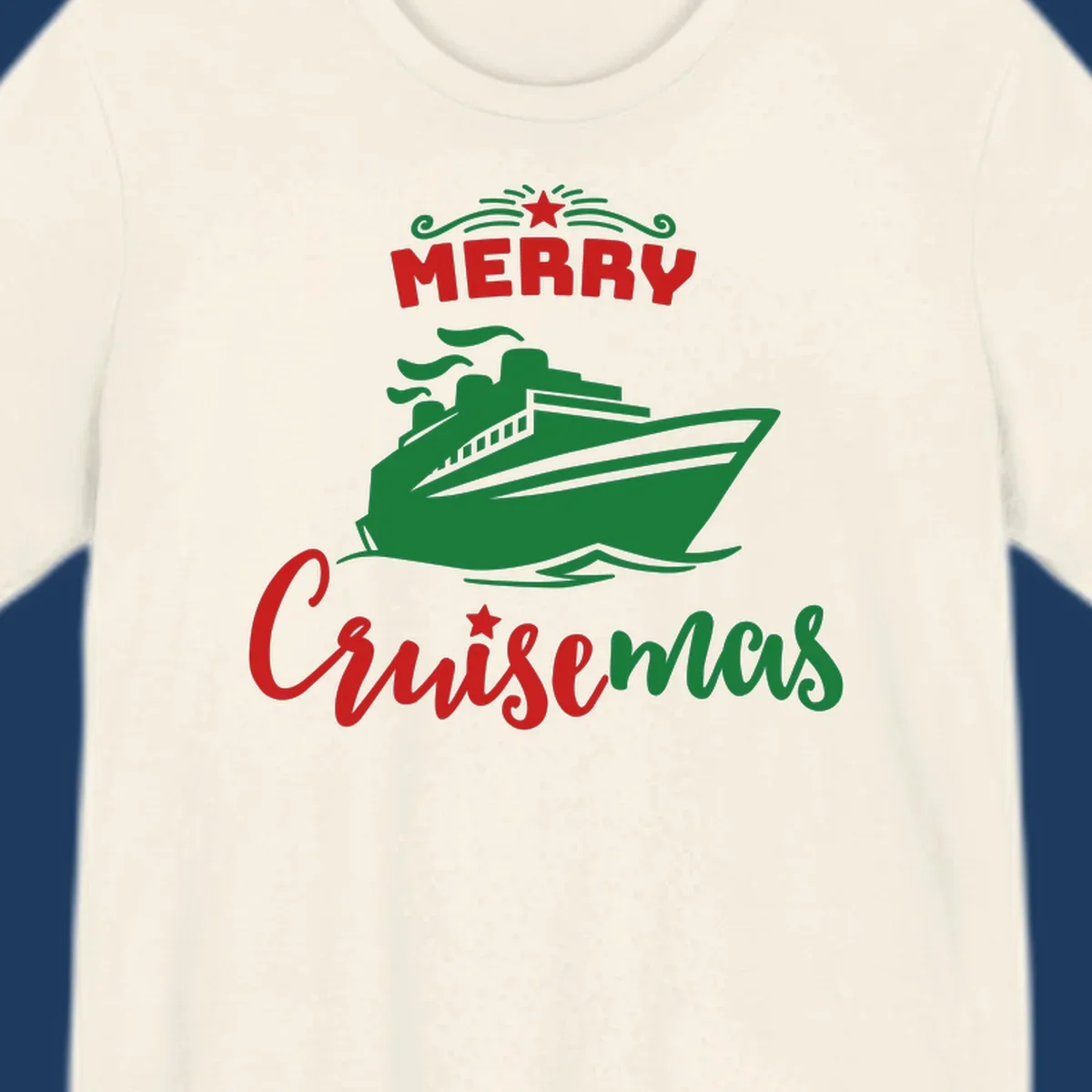 Green cruise ship with red 'MERRY' text and star above, green 'Cruise-mas' script text below on gray background