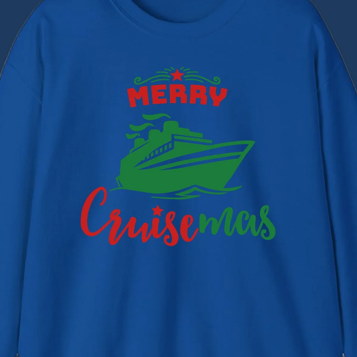 Green cruise ship with red 'MERRY' text and star above, green 'Cruise-mas' script text below on gray background