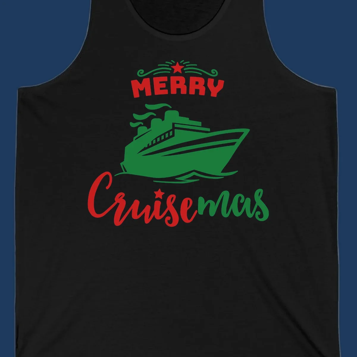 Green cruise ship with red 'MERRY' text and star above, green 'Cruise-mas' script text below on gray background