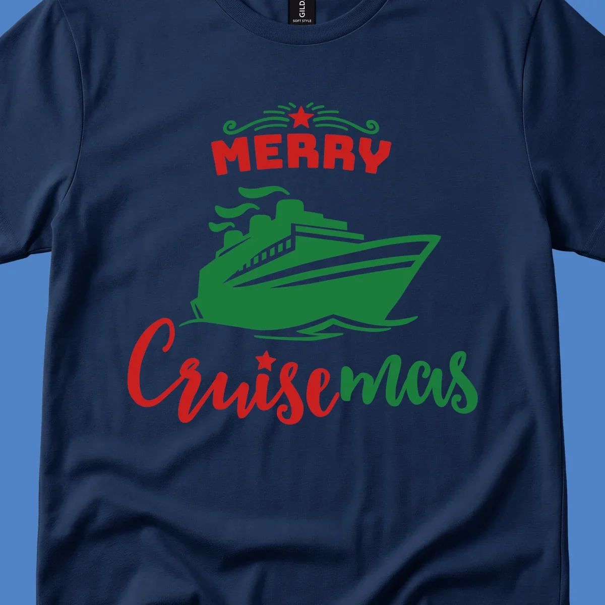 Green cruise ship with red 'MERRY' text and star above, green 'Cruise-mas' script text below on gray background