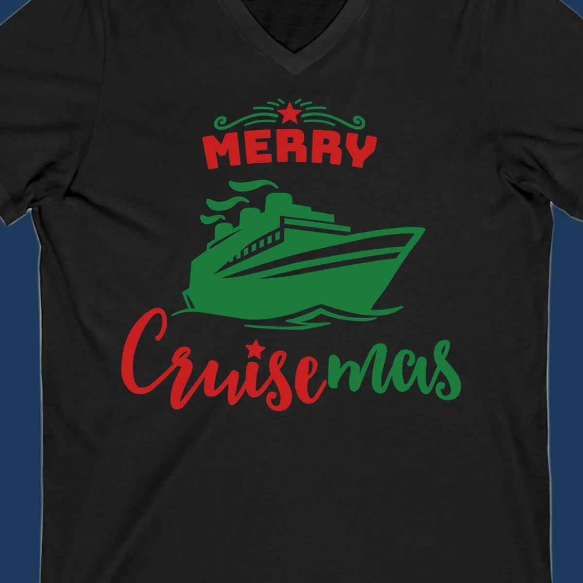 Green cruise ship with red 'MERRY' text and star above, green 'Cruise-mas' script text below on gray background