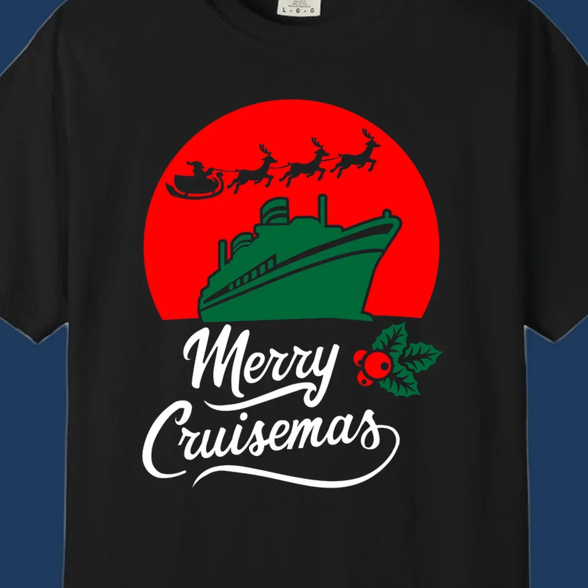 Green cruise ship with Santa's sleigh and reindeer above, red background, white text reading Merry Cruisemas with holly decoration