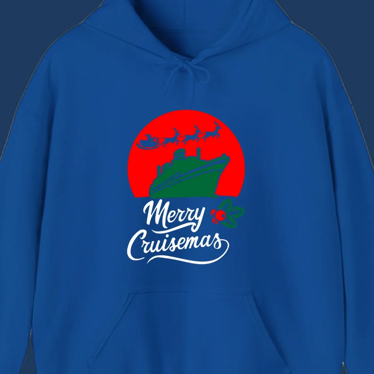 Green cruise ship with Santa's sleigh and reindeer above, red background, white text reading Merry Cruisemas with holly decoration