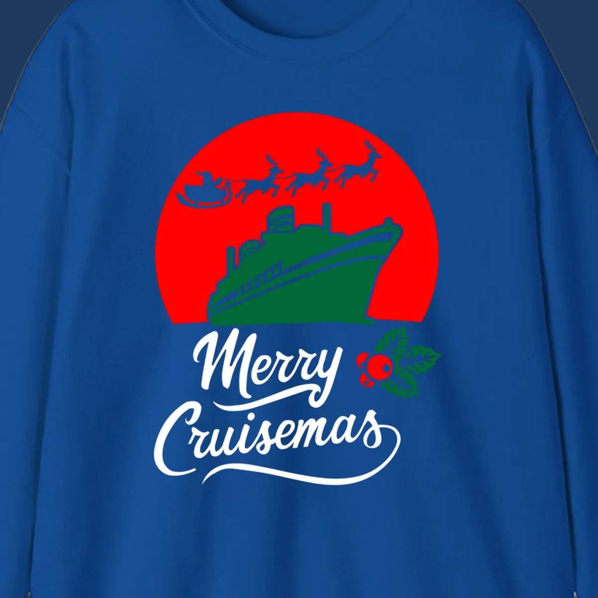 Green cruise ship with Santa's sleigh and reindeer above, red background, white text reading Merry Cruisemas with holly decoration