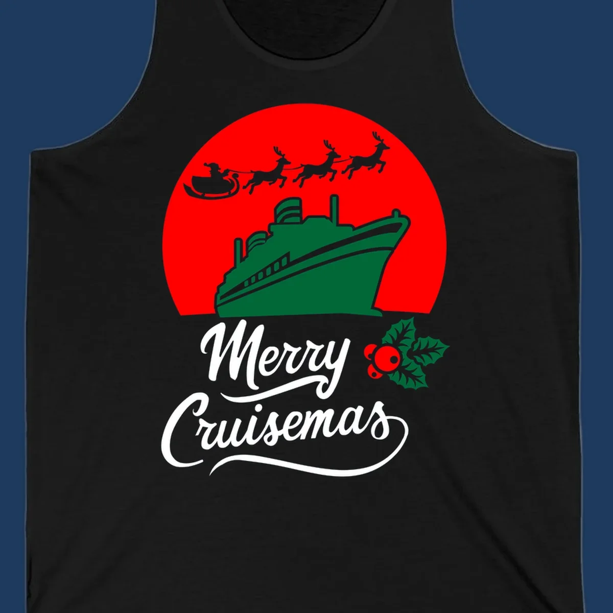 Green cruise ship with Santa's sleigh and reindeer above, red background, white text reading Merry Cruisemas with holly decoration