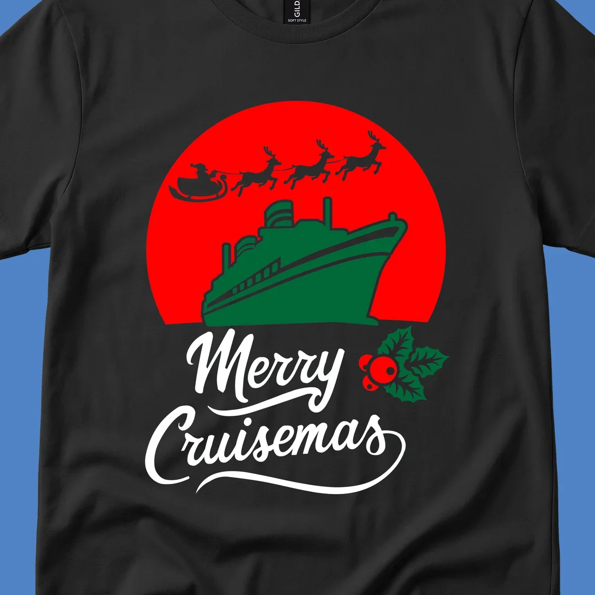 Green cruise ship with Santa's sleigh and reindeer above, red background, white text reading Merry Cruisemas with holly decoration