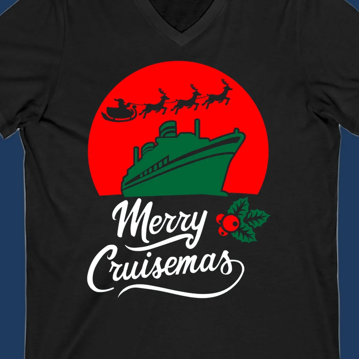 Green cruise ship with Santa's sleigh and reindeer above, red background, white text reading Merry Cruisemas with holly decoration