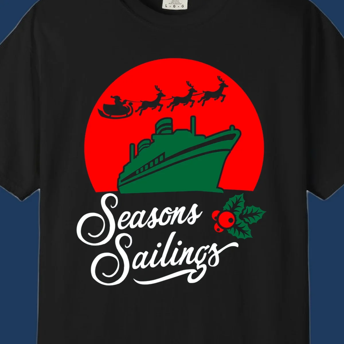 Holiday cruise sailings design with green cruise ship, Santa's sleigh and reindeer, holly berries on red background with white script text