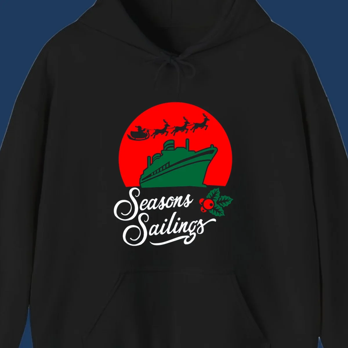 Holiday cruise sailings design with green cruise ship, Santa's sleigh and reindeer, holly berries on red background with white script text
