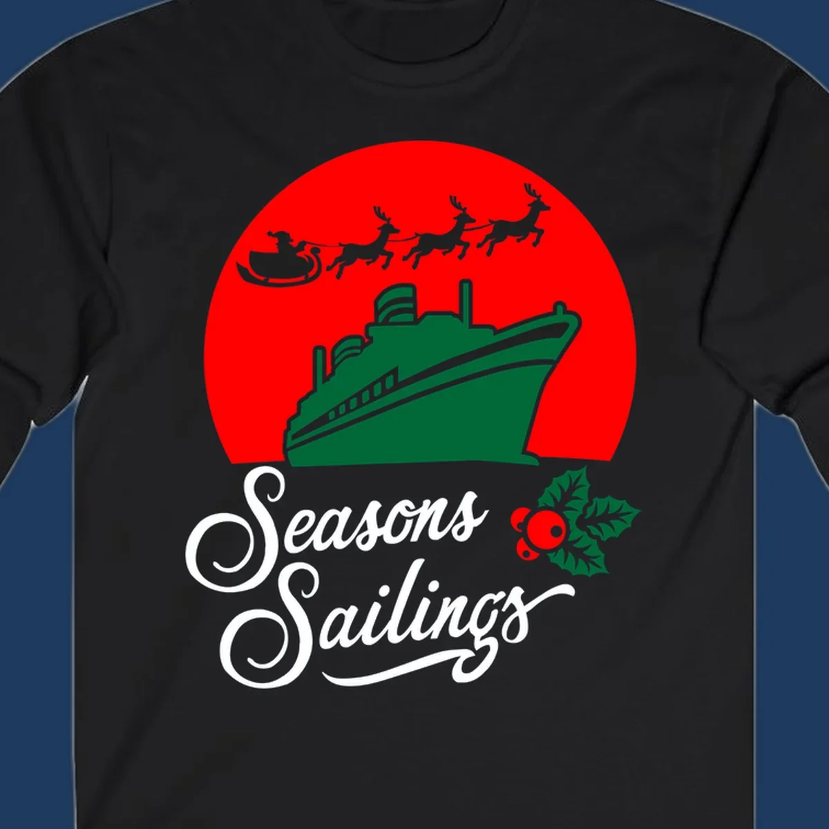 Holiday cruise sailings design with green cruise ship, Santa's sleigh and reindeer, holly berries on red background with white script text