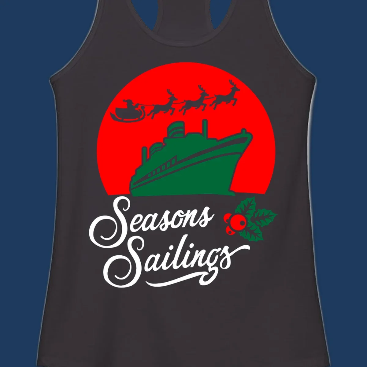 Holiday cruise sailings design with green cruise ship, Santa's sleigh and reindeer, holly berries on red background with white script text