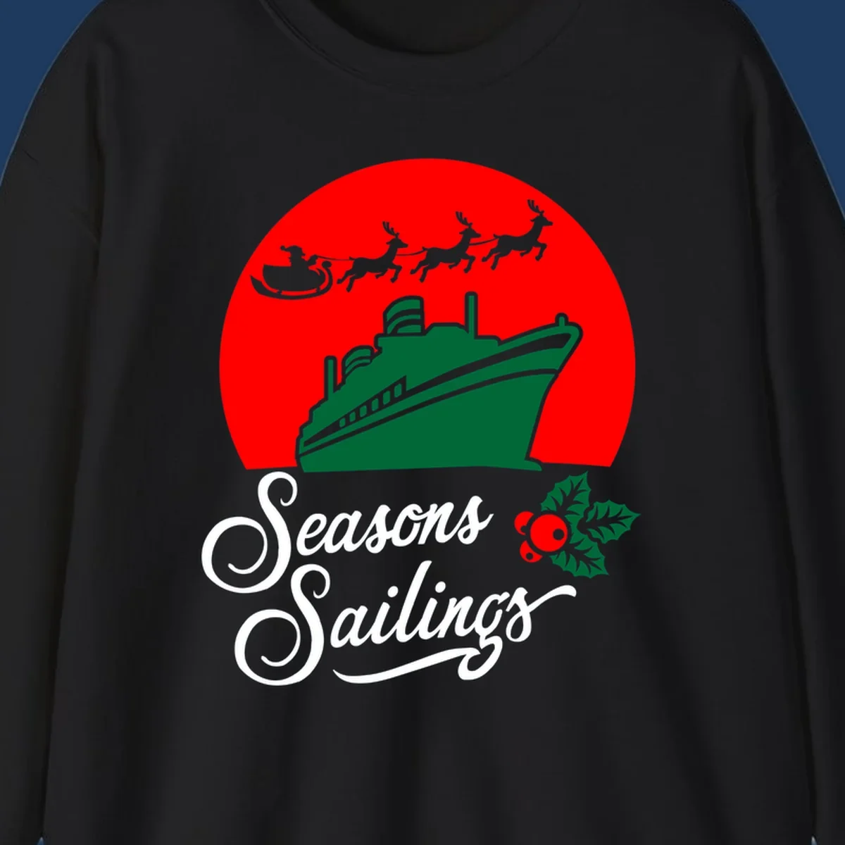 Holiday cruise sailings design with green cruise ship, Santa's sleigh and reindeer, holly berries on red background with white script text