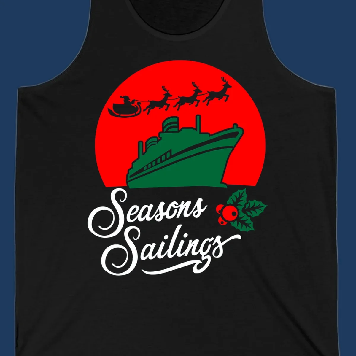 Holiday cruise sailings design with green cruise ship, Santa's sleigh and reindeer, holly berries on red background with white script text