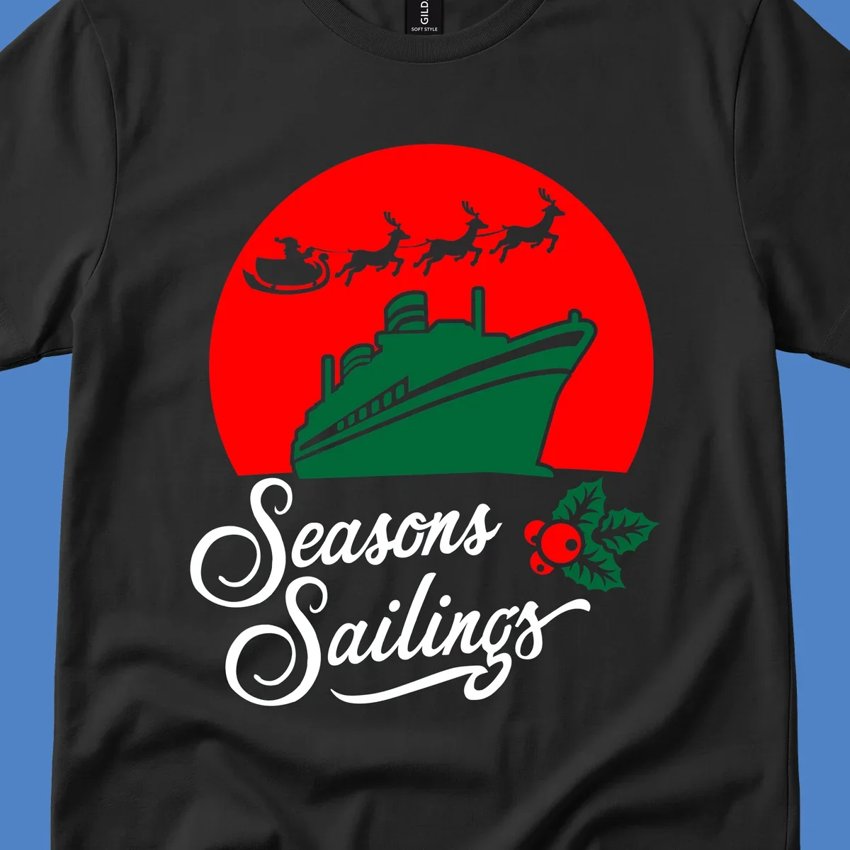 Holiday cruise sailings design with green cruise ship, Santa's sleigh and reindeer, holly berries on red background with white script text