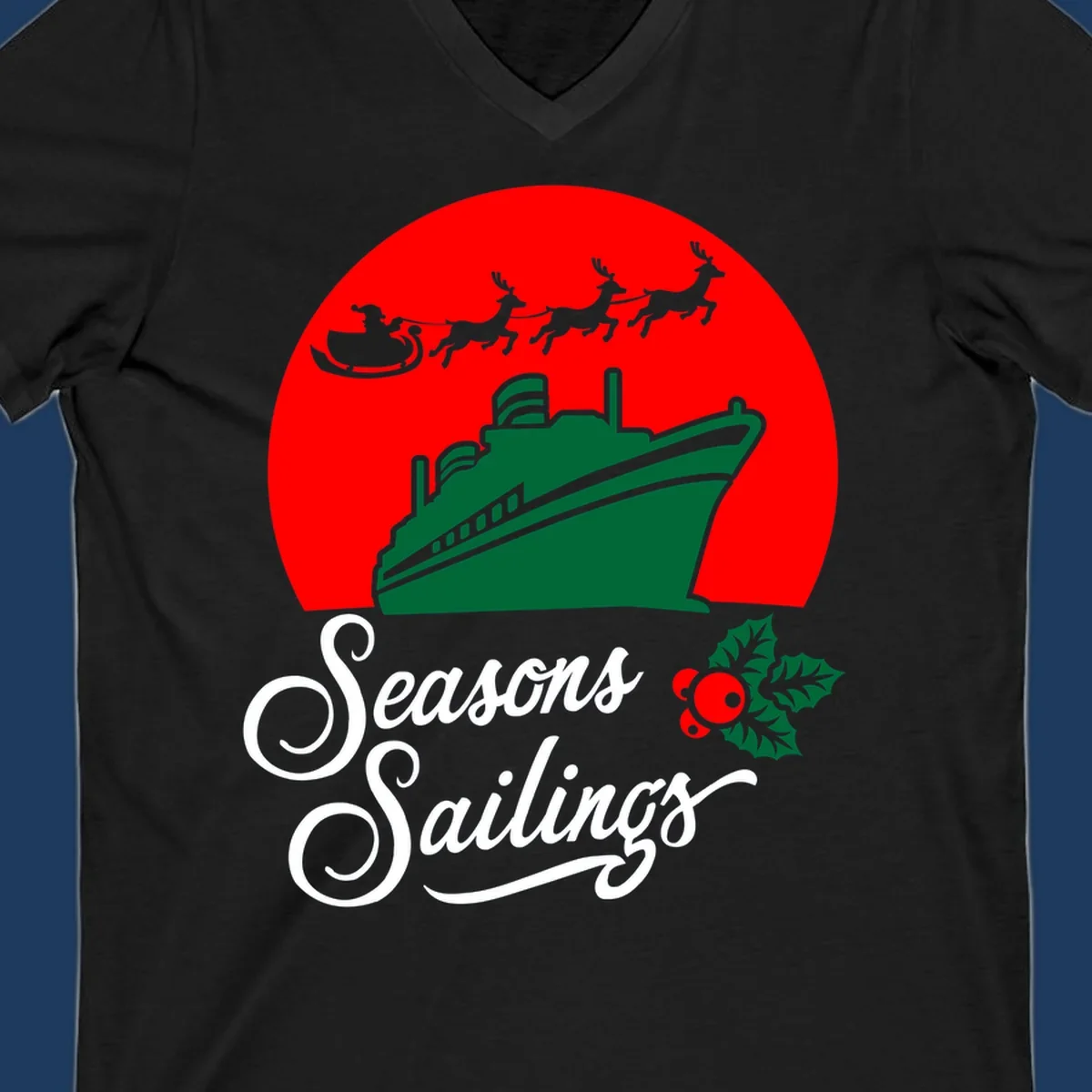 Holiday cruise sailings design with green cruise ship, Santa's sleigh and reindeer, holly berries on red background with white script text