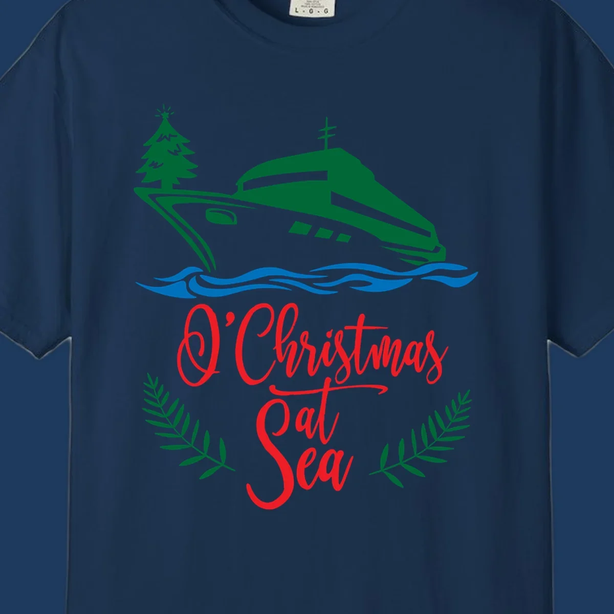 Green cruise ship with Christmas tree sailing through blue waves, red 'O Christmas At Sea' text with palm fronds
